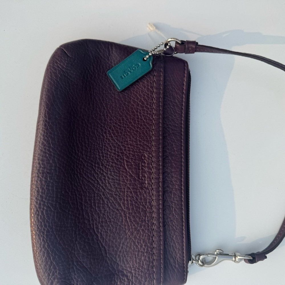 Coach Dark Purple Leather Wristlet with Teal Tag